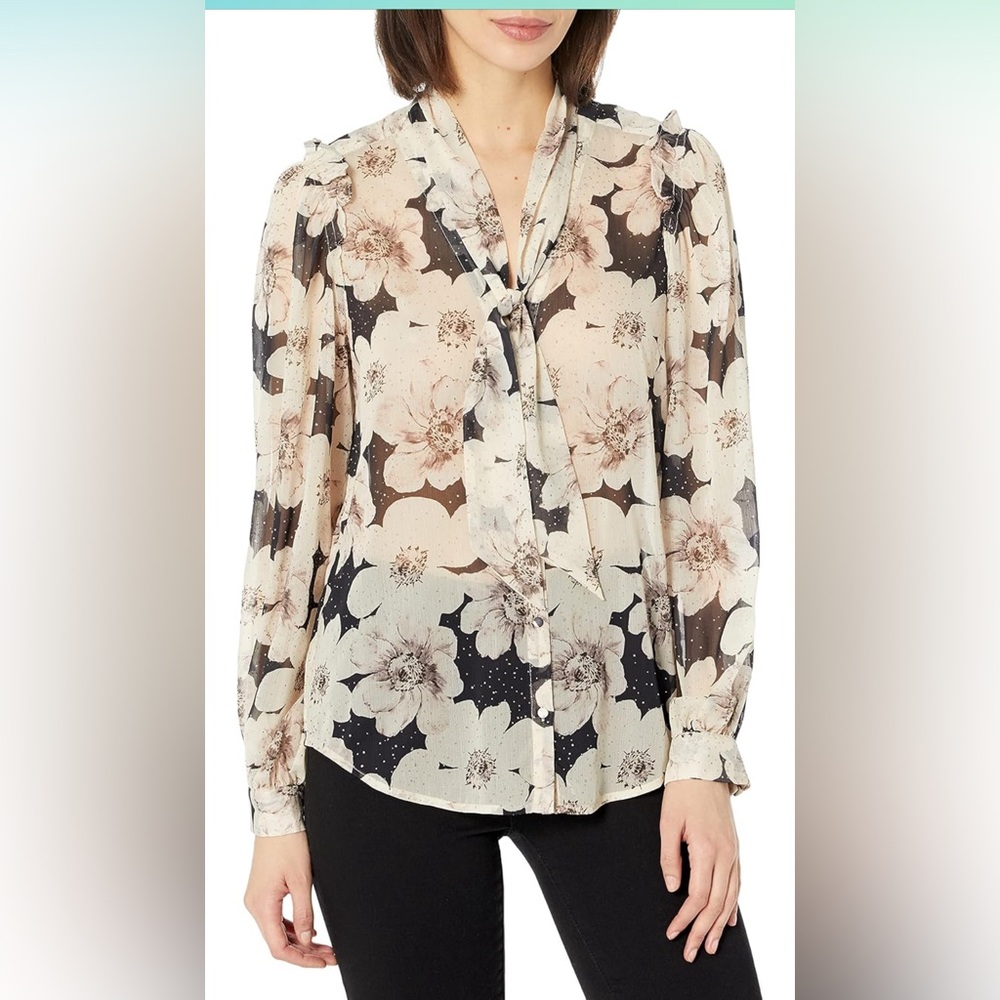 Paige Giada Floral Printed tie v neck button Blouse w subtle poof sleeve